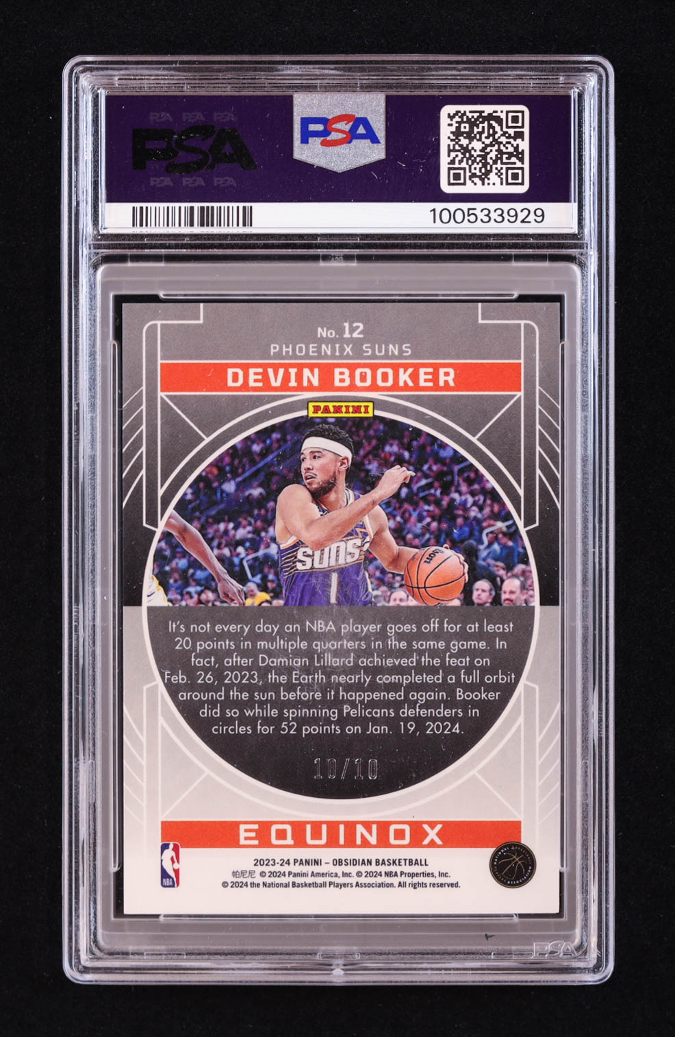 Devin Booker 2023-24 Panini Obsidian Equinox Electric Etch Molten Mojo #12 #10/10 (PSA 9) at PristineAuction.com Devin Booker 2023-24 Panini Obsidian Equinox Electric Etch Molten Mojo #12 #10/10 (PSA 9) at PristineAuction.com