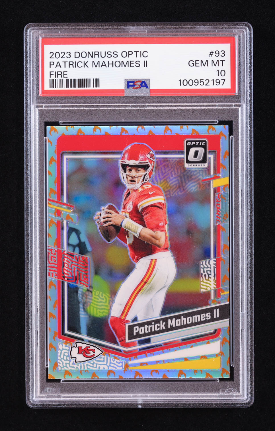 Patrick Mahomes II 2023 Donruss Optic Fire Prizm SP #93 (PSA 10) at PristineAuction.com Patrick Mahomes II 2023 Donruss Optic Fire Prizm SP #93 (PSA 10) at PristineAuction.com
