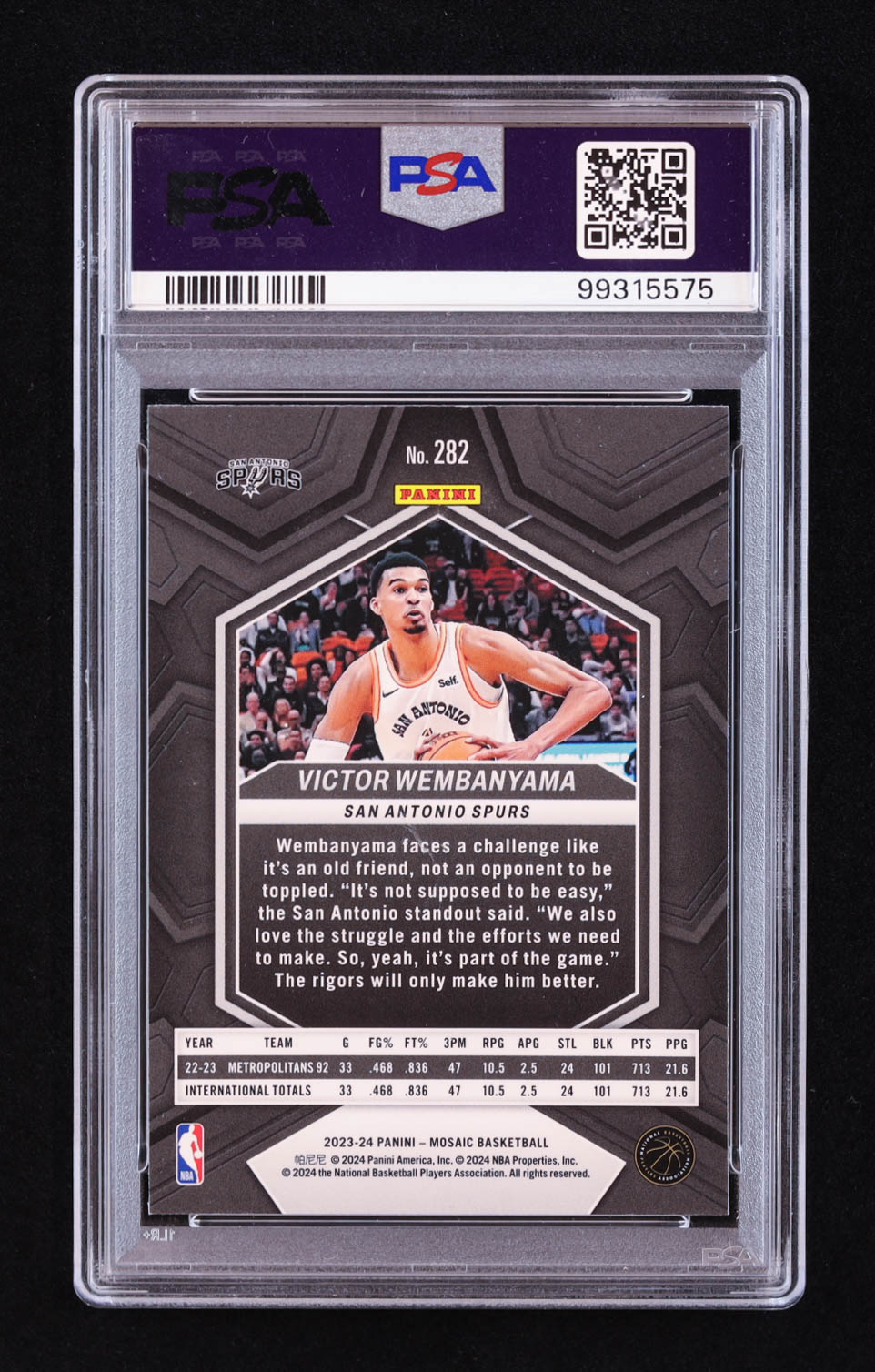 Victor Wembanyama 2023-24 Panini Mosaic #282 City Edition RC (PSA 10) at PristineAuction.com Victor Wembanyama 2023-24 Panini Mosaic #282 City Edition RC (PSA 10) at PristineAuction.com