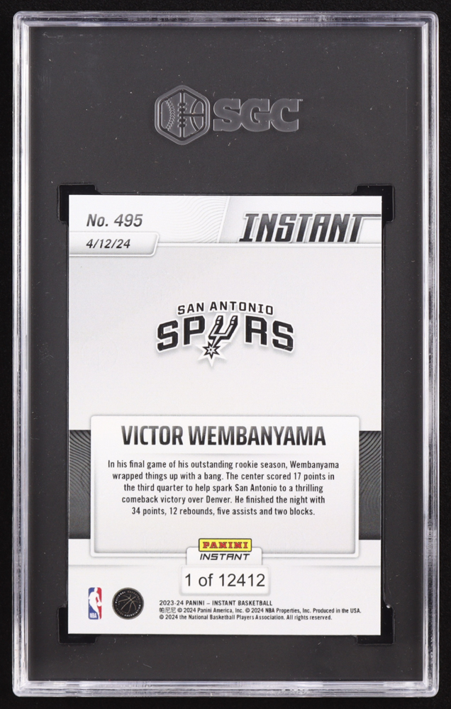Victor Wembanyama 2023-24 Panini Instant #495 RC (SGC 9.5) at PristineAuction.com Victor Wembanyama 2023-24 Panini Instant #495 RC (SGC 9.5) at PristineAuction.com