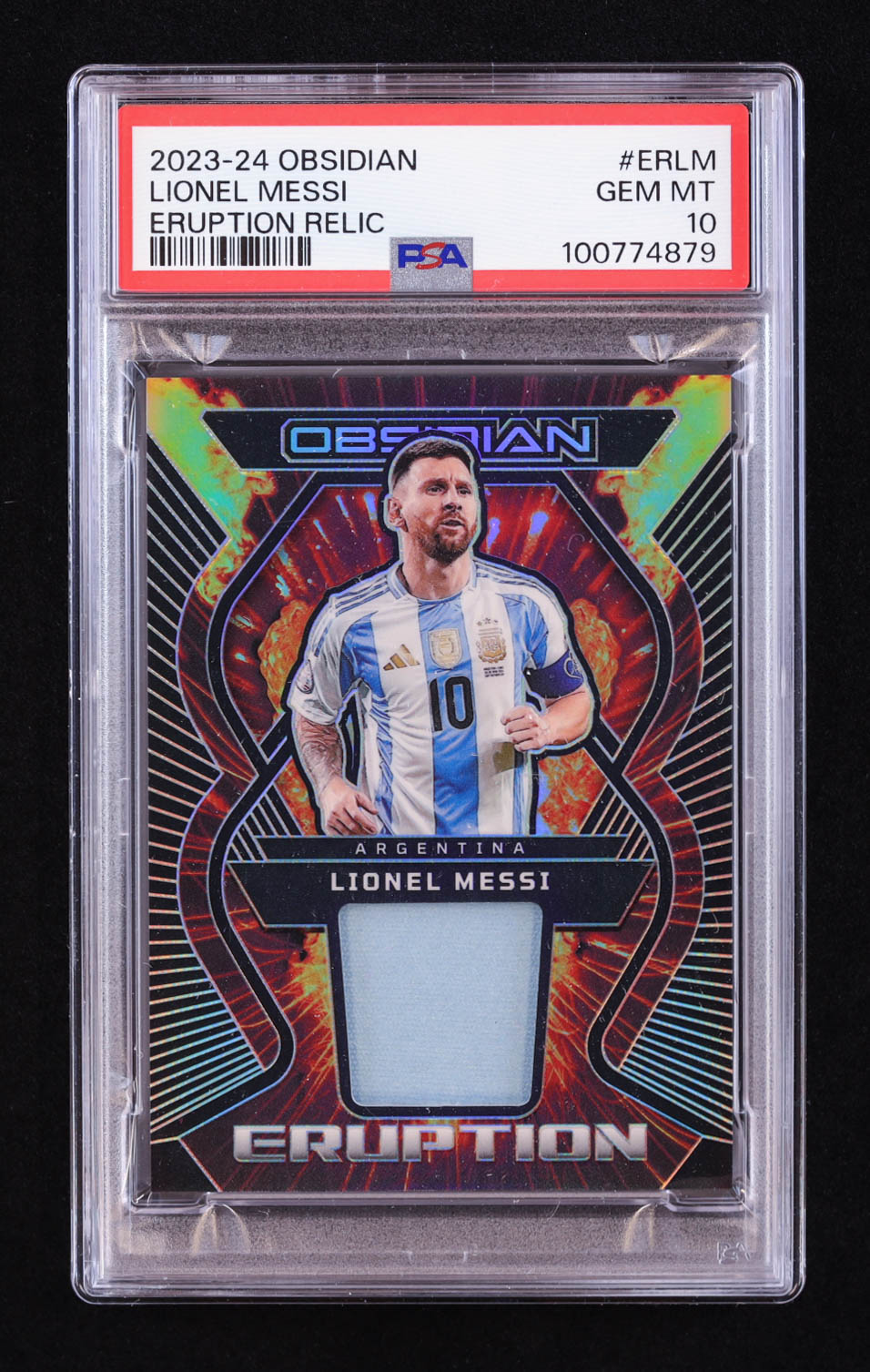 Lionel Messi 2023 Panini Obsidian Rookie Eruption Materials #ERLM #41/199 (PSA 10) at PristineAuction.com Lionel Messi 2023 Panini Obsidian Rookie Eruption Materials #ERLM #41/199 (PSA 10) at PristineAuction.com