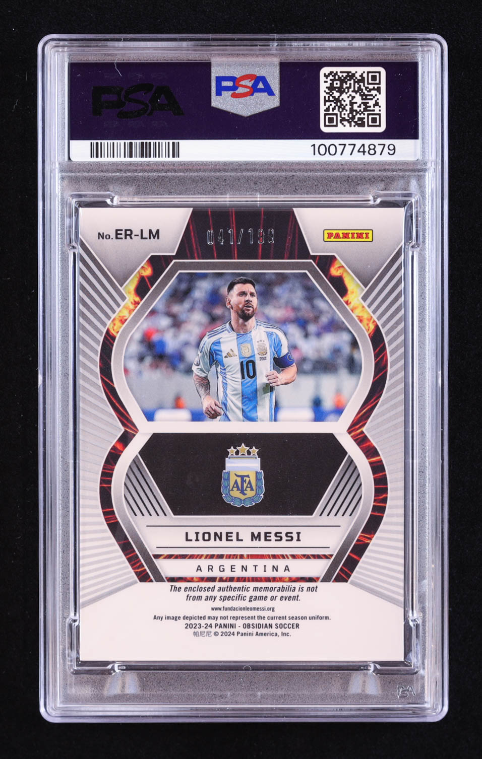 Lionel Messi 2023 Panini Obsidian Rookie Eruption Materials #ERLM #41/199 (PSA 10) at PristineAuction.com Lionel Messi 2023 Panini Obsidian Rookie Eruption Materials #ERLM #41/199 (PSA 10) at PristineAuction.com