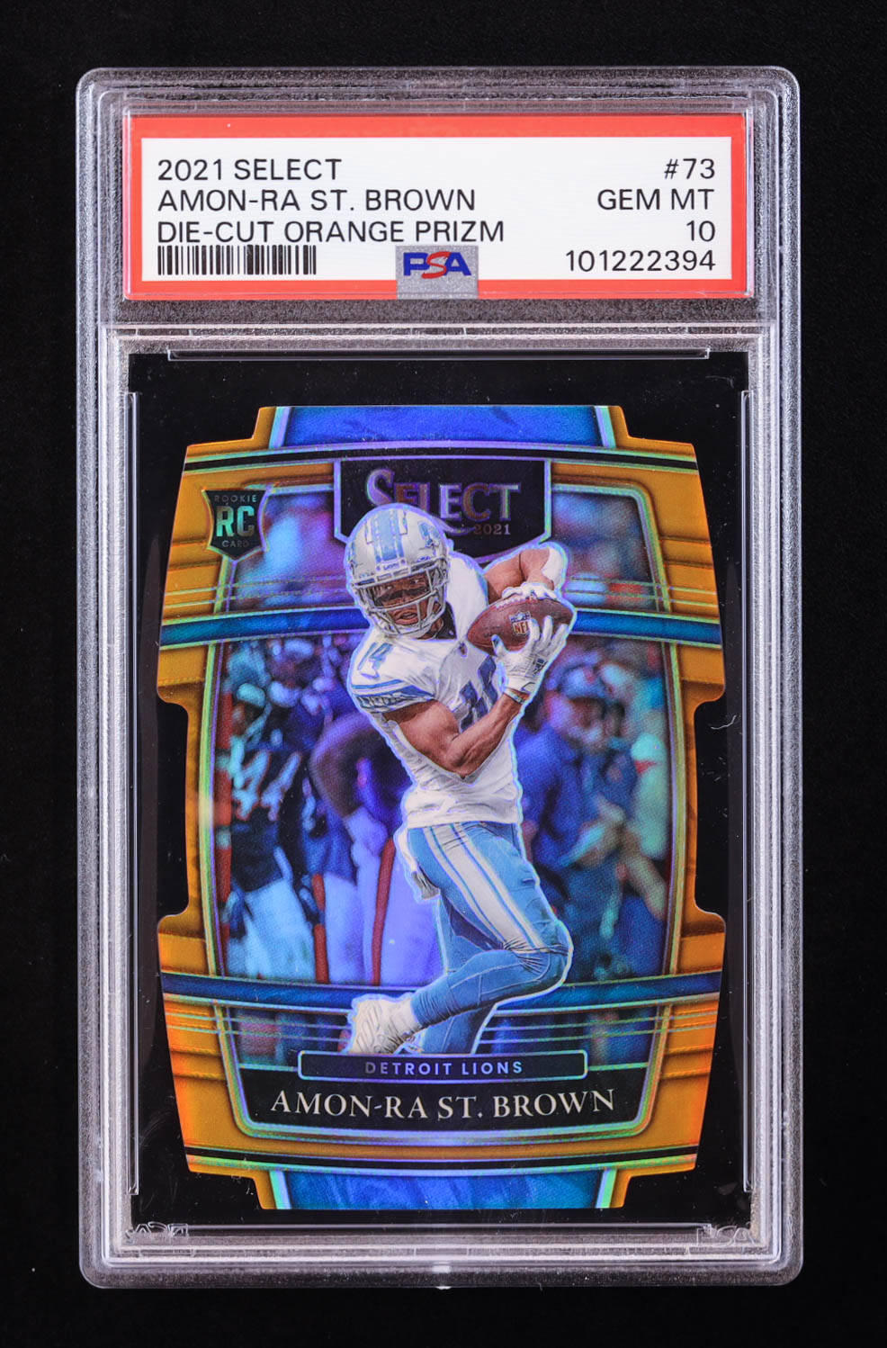 Amon-Ra St. Brown 2021 Select Prizm Orange Die Cut #73 RC #48/249 (PSA 10) at PristineAuction.com Amon-Ra St. Brown 2021 Select Prizm Orange Die Cut #73 RC #48/249 (PSA 10) at PristineAuction.com