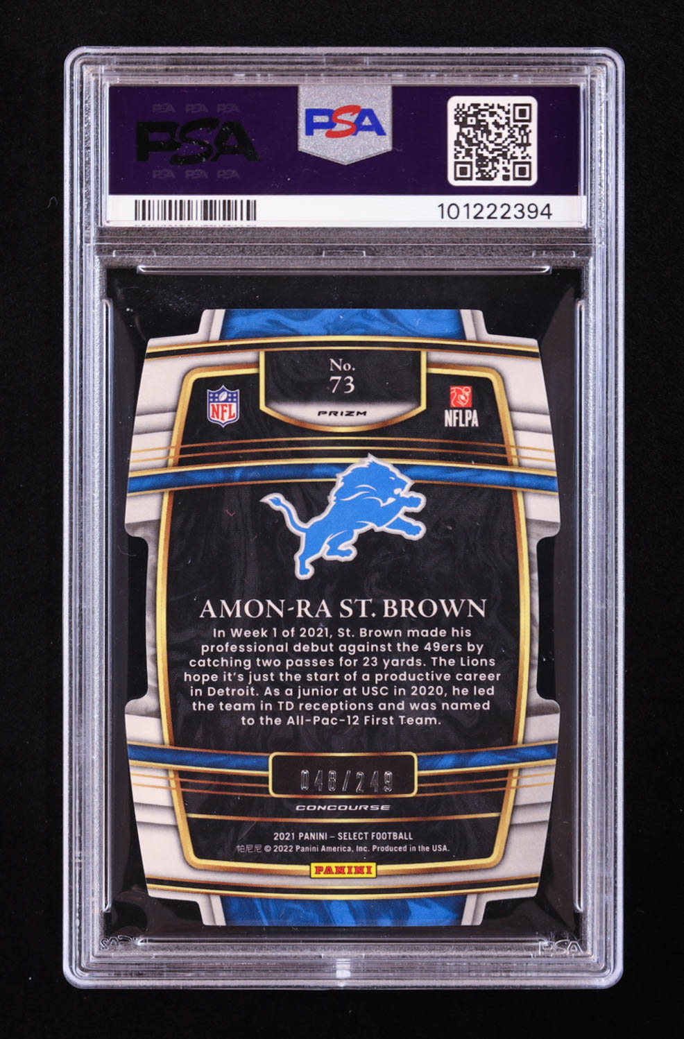Amon-Ra St. Brown 2021 Select Prizm Orange Die Cut #73 RC #48/249 (PSA 10) at PristineAuction.com Amon-Ra St. Brown 2021 Select Prizm Orange Die Cut #73 RC #48/249 (PSA 10) at PristineAuction.com
