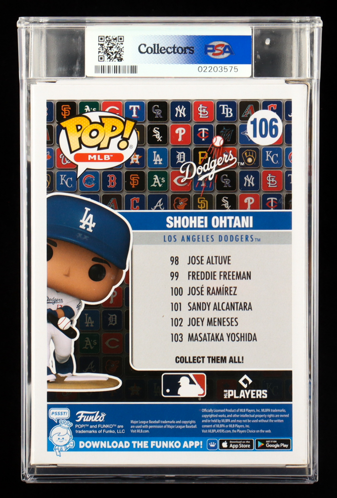 Shohei Ohtani "Los Angeles Dodgers" Funko Pop! MLB #106 Vinyl Figure (PSA 8.5) at PristineAuction.com Shohei Ohtani "Los Angeles Dodgers" Funko Pop! MLB #106 Vinyl Figure (PSA 8.5) at PristineAuction.com