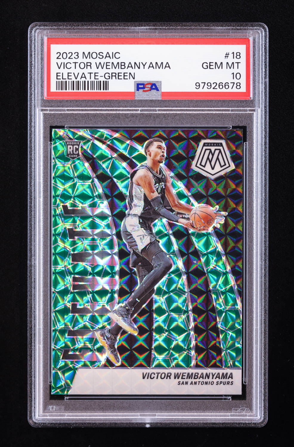 Victor Wembanyama 2023-24 Panini Mosaic Elevate Mosaic Green #18 RC (PSA 10) at PristineAuction.com Victor Wembanyama 2023-24 Panini Mosaic Elevate Mosaic Green #18 RC (PSA 10) at PristineAuction.com