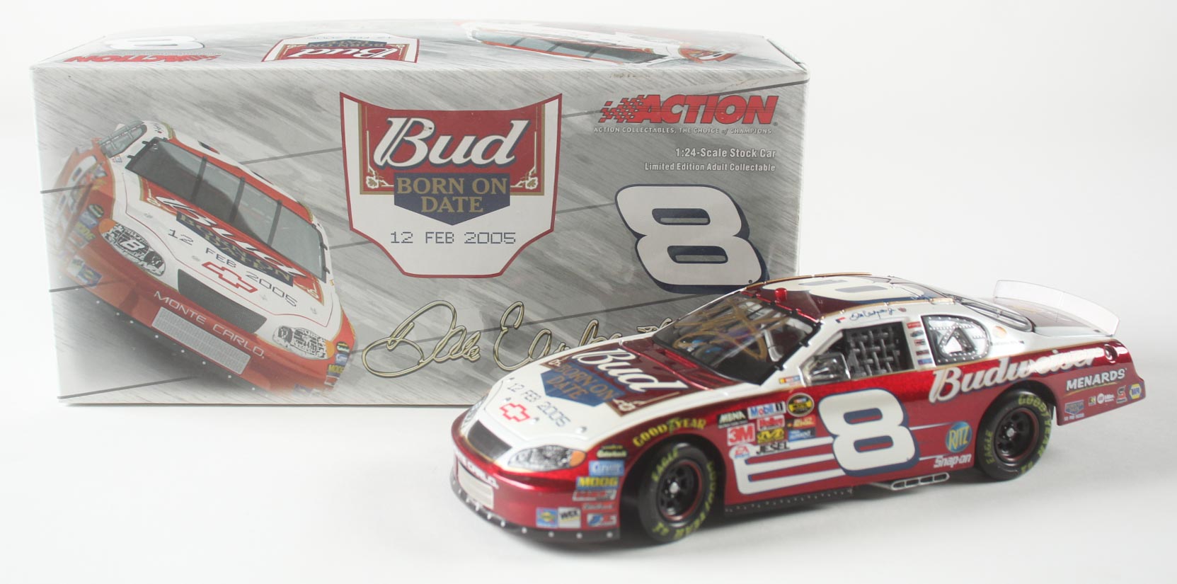Dale Earnhardt Jr. Signed NASCAR #8 Budweiser / Bud Shootout / Born On Date Feb 20 2005 Monte Carlo - 1:24 Premium Diecast Car (Dale Jr.) at PristineAuction.com Dale Earnhardt Jr. Signed NASCAR #8 Budweiser / Bud Shootout / Born On Date Feb 20 2005 Monte Carlo - 1:24 Premium Diecast Car (Dale Jr.) at PristineAuction.com