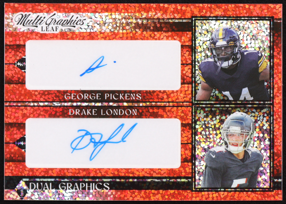 George Pickens / Drake London 2023 Leaf MultiGraphics Dual Graphics Red Sparkle #MDG25 #7/9 at PristineAuction.com George Pickens / Drake London 2023 Leaf MultiGraphics Dual Graphics Red Sparkle #MDG25 #7/9 at PristineAuction.com