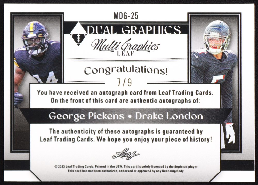 George Pickens / Drake London 2023 Leaf MultiGraphics Dual Graphics Red Sparkle #MDG25 #7/9 at PristineAuction.com George Pickens / Drake London 2023 Leaf MultiGraphics Dual Graphics Red Sparkle #MDG25 #7/9 at PristineAuction.com