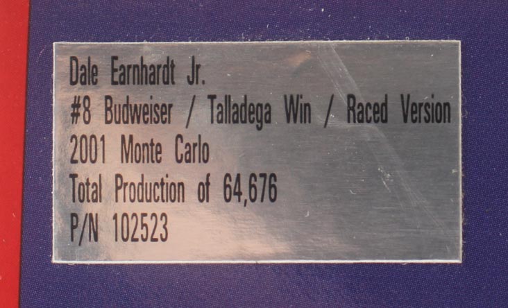 Dale Earnhardt Jr. Signed NASCAR #8 Budweiser / Talladega Win / Raced Version 2001 Monte Carlo - 1:24 Premium Diecast Car (Dale Jr.) at PristineAuction.com Dale Earnhardt Jr. Signed NASCAR #8 Budweiser / Talladega Win / Raced Version 2001 Monte Carlo - 1:24 Premium Diecast Car (Dale Jr.) at PristineAuction.com