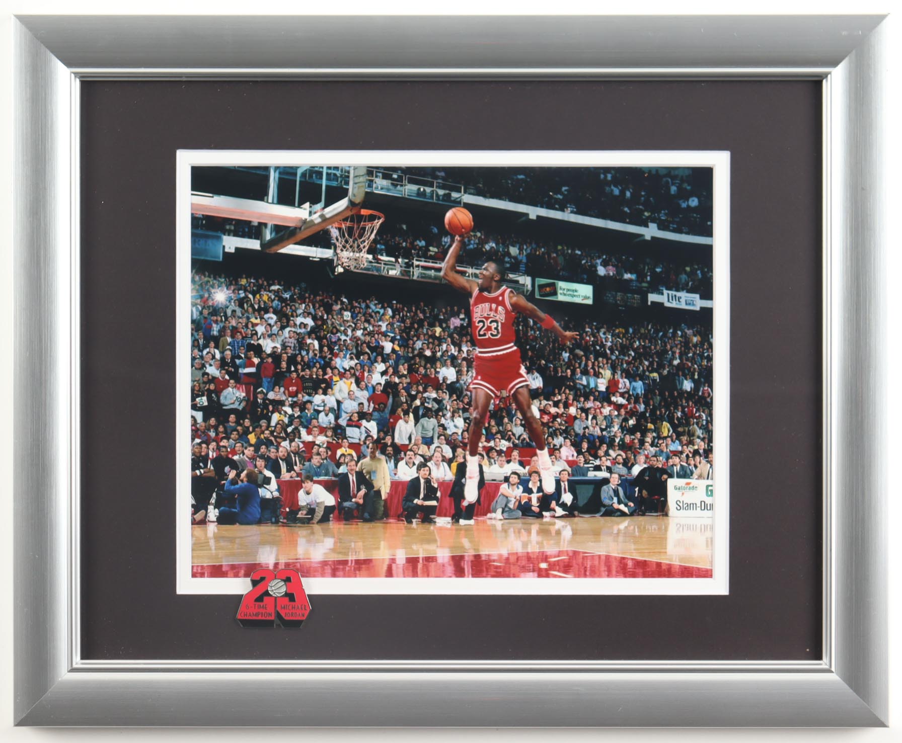 Michael Jordan "Gatorade Slam Dunk Contest" Custom Framed Photo Display with Jordan "6-Time NBA Champion" 23 Pin at PristineAuction.com Michael Jordan "Gatorade Slam Dunk Contest" Custom Framed Photo Display with Jordan "6-Time NBA Champion" 23 Pin at PristineAuction.com