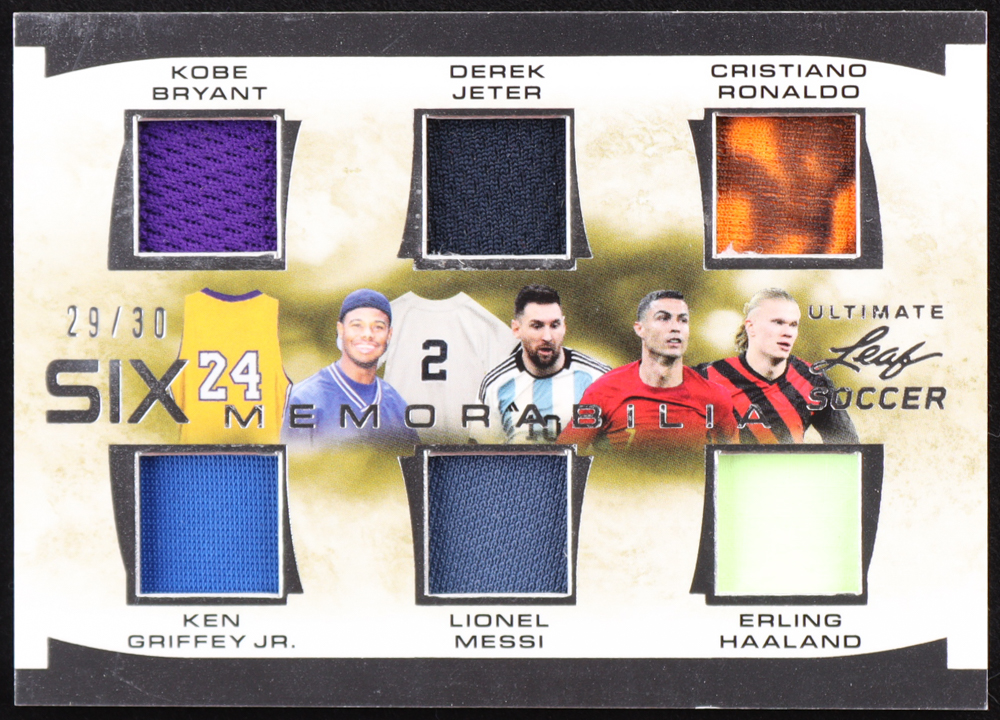 Kobe Bryant / Derek Jeter / Cristiano Ronaldo / Ken Griffey Jr. / Lionel Messi / Erling Haaland 2023 Leaf Ultimate Soccer Six Memorabilia Silver #USM3 #29/30 at PristineAuction.com Kobe Bryant / Derek Jeter / Cristiano Ronaldo / Ken Griffey Jr. / Lionel Messi / Erling Haaland 2023 Leaf Ultimate Soccer Six Memorabilia Silver #USM3 #29/30 at PristineAuction.com