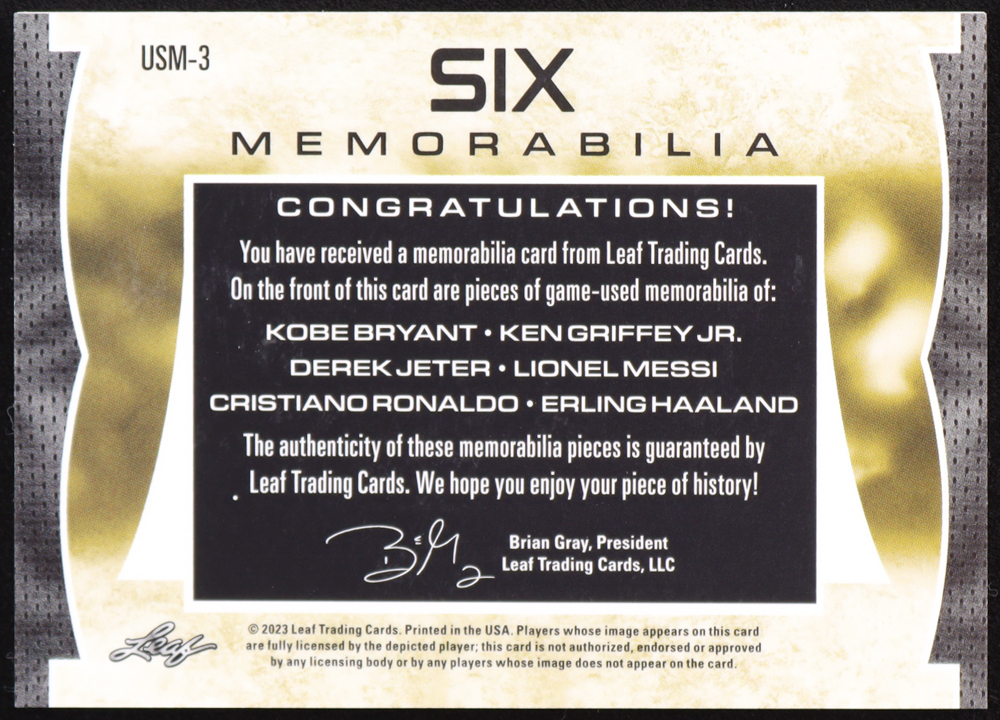Kobe Bryant / Derek Jeter / Cristiano Ronaldo / Ken Griffey Jr. / Lionel Messi / Erling Haaland 2023 Leaf Ultimate Soccer Six Memorabilia Silver #USM3 #29/30 at PristineAuction.com Kobe Bryant / Derek Jeter / Cristiano Ronaldo / Ken Griffey Jr. / Lionel Messi / Erling Haaland 2023 Leaf Ultimate Soccer Six Memorabilia Silver #USM3 #29/30 at PristineAuction.com