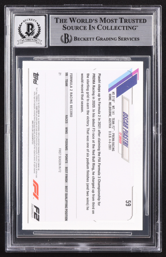 Oscar Piastri Signed 2021 Topps Formula 1 #59 Future Star (BGS | Auto 10) at PristineAuction.com Oscar Piastri Signed 2021 Topps Formula 1 #59 Future Star (BGS | Auto 10) at PristineAuction.com