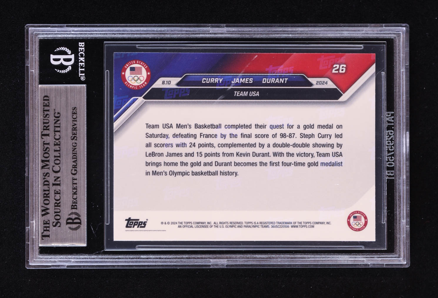 Stephen Curry / LeBron James / Kevin Durant 2024 Topps Now Olympic Games #26 (BGS 8) at PristineAuction.com Stephen Curry / LeBron James / Kevin Durant 2024 Topps Now Olympic Games #26 (BGS 8) at PristineAuction.com