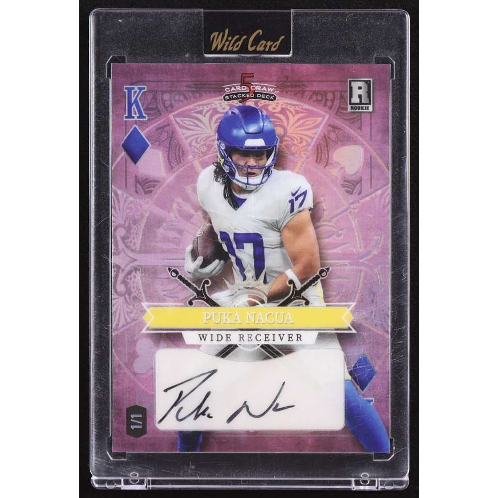 Puka Nacua 2023 Wild Card 5 Card Draw Stacked Deck Autographs King of Diamonds Holo Pink #SDPNA RC #1/1 at PristineAuction.com