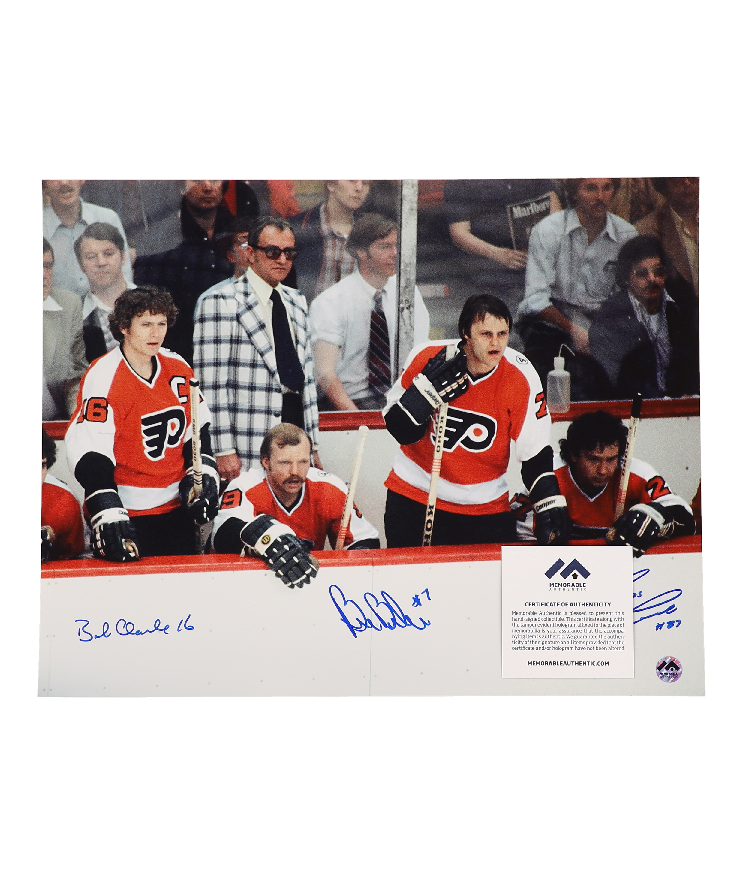 Bobby Clark, Bill Barber & Dave Shultz Signed Flyers 11x14 Photo (MA) at PristineAuction.com Bobby Clark, Bill Barber & Dave Shultz Signed Flyers 11x14 Photo (MA) at PristineAuction.com