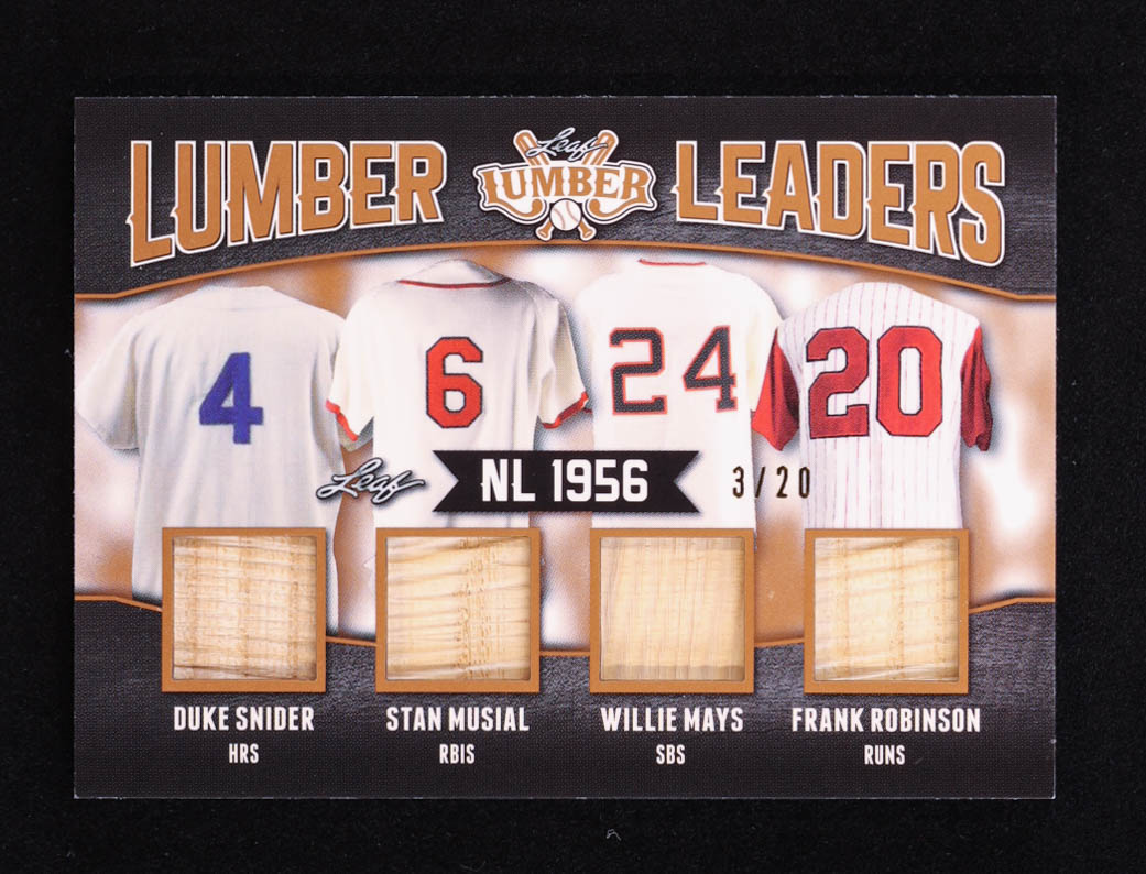 Duke Snider / Stan Musial / Willie Mays / Frank Robinson 2021 Leaf Lumber Lumber Leaders Black #LL209 #3/20 at PristineAuction.com Duke Snider / Stan Musial / Willie Mays / Frank Robinson 2021 Leaf Lumber Lumber Leaders Black #LL209 #3/20 at PristineAuction.com