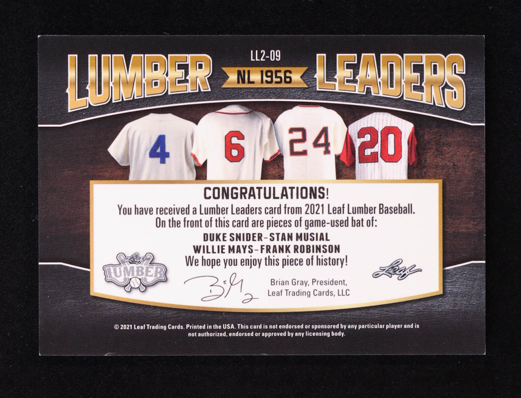 Duke Snider / Stan Musial / Willie Mays / Frank Robinson 2021 Leaf Lumber Lumber Leaders Black #LL209 #3/20 at PristineAuction.com Duke Snider / Stan Musial / Willie Mays / Frank Robinson 2021 Leaf Lumber Lumber Leaders Black #LL209 #3/20 at PristineAuction.com