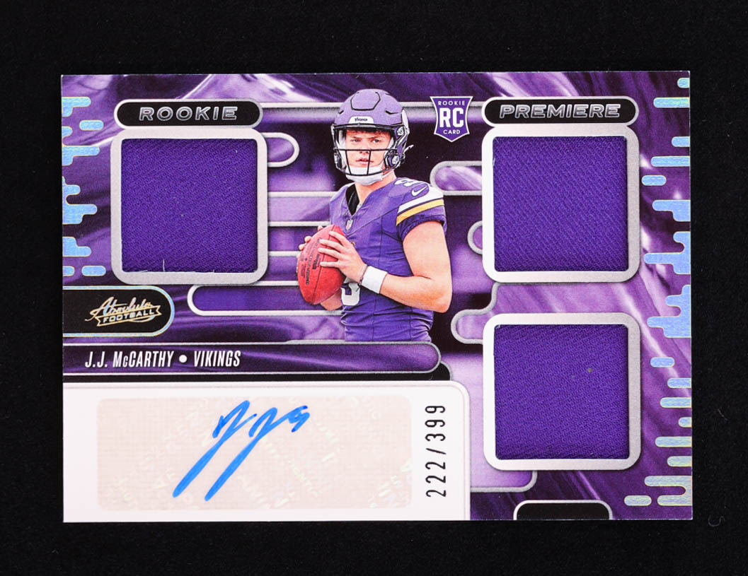 JJ McCarthy 2024 Absolute Rookie Premiere Materials Autographs #3 #222/399 RC at PristineAuction.com JJ McCarthy 2024 Absolute Rookie Premiere Materials Autographs #3 #222/399 RC at PristineAuction.com