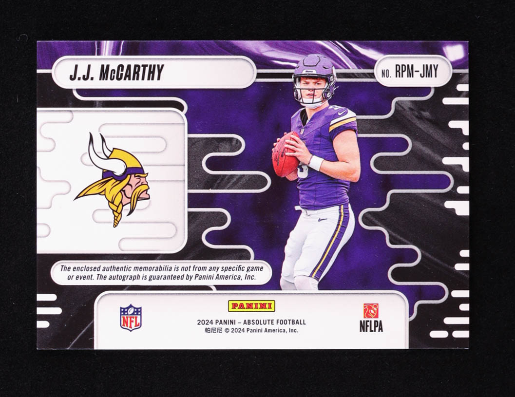 JJ McCarthy 2024 Absolute Rookie Premiere Materials Autographs #3 #222/399 RC at PristineAuction.com JJ McCarthy 2024 Absolute Rookie Premiere Materials Autographs #3 #222/399 RC at PristineAuction.com