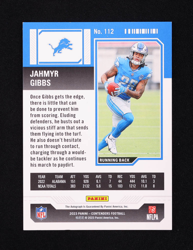 Jahmyr Gibbs 2023 Panini Contenders Conference Ticket #112 Autographs RC #56/75 at PristineAuction.com Jahmyr Gibbs 2023 Panini Contenders Conference Ticket #112 Autographs RC #56/75 at PristineAuction.com