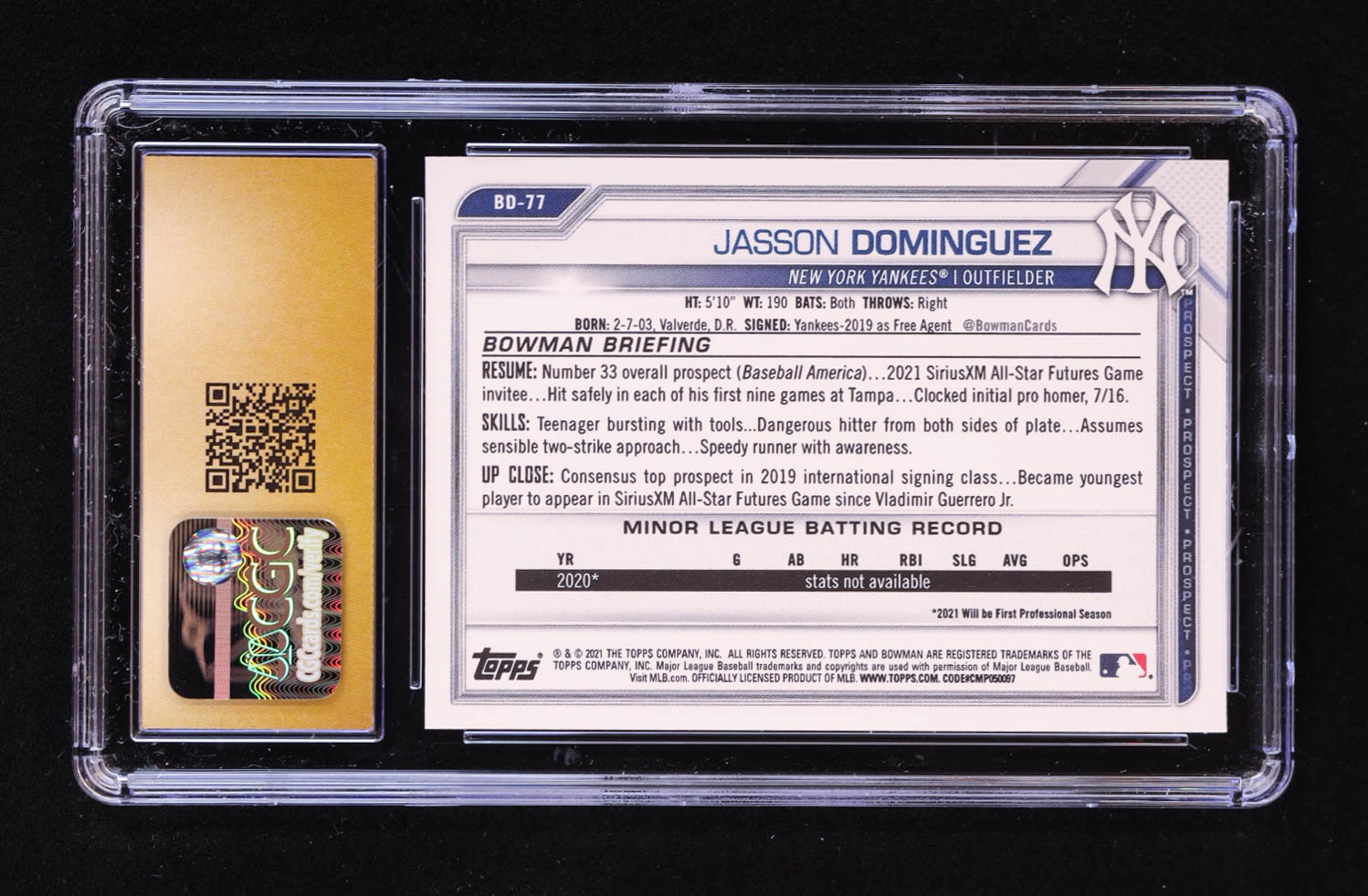 Jasson Dominguez 2021 Bowman Draft 1st Edition #BD77 RC (CGC Pristine 10) at PristineAuction.com Jasson Dominguez 2021 Bowman Draft 1st Edition #BD77 RC (CGC Pristine 10) at PristineAuction.com
