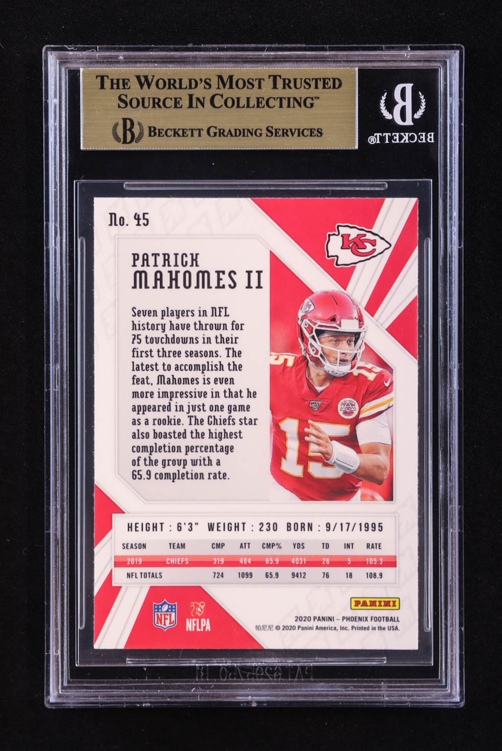 Patrick Mahomes II 2020 Panini Phoenix Fire Burst #45 (BGS 9.5) at PristineAuction.com Patrick Mahomes II 2020 Panini Phoenix Fire Burst #45 (BGS 9.5) at PristineAuction.com