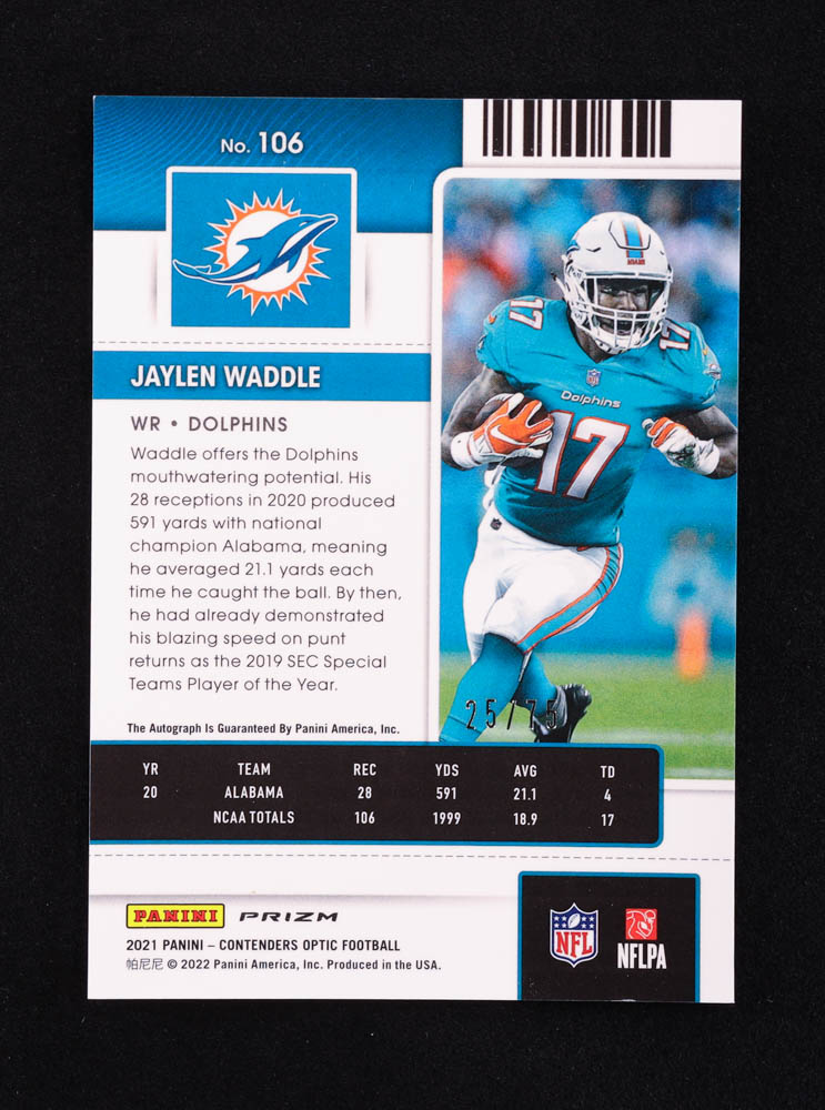 Jaylen Waddle 2021 Panini Contenders Optic Teal #106 Autograph RC #25/75 at PristineAuction.com Jaylen Waddle 2021 Panini Contenders Optic Teal #106 Autograph RC #25/75 at PristineAuction.com