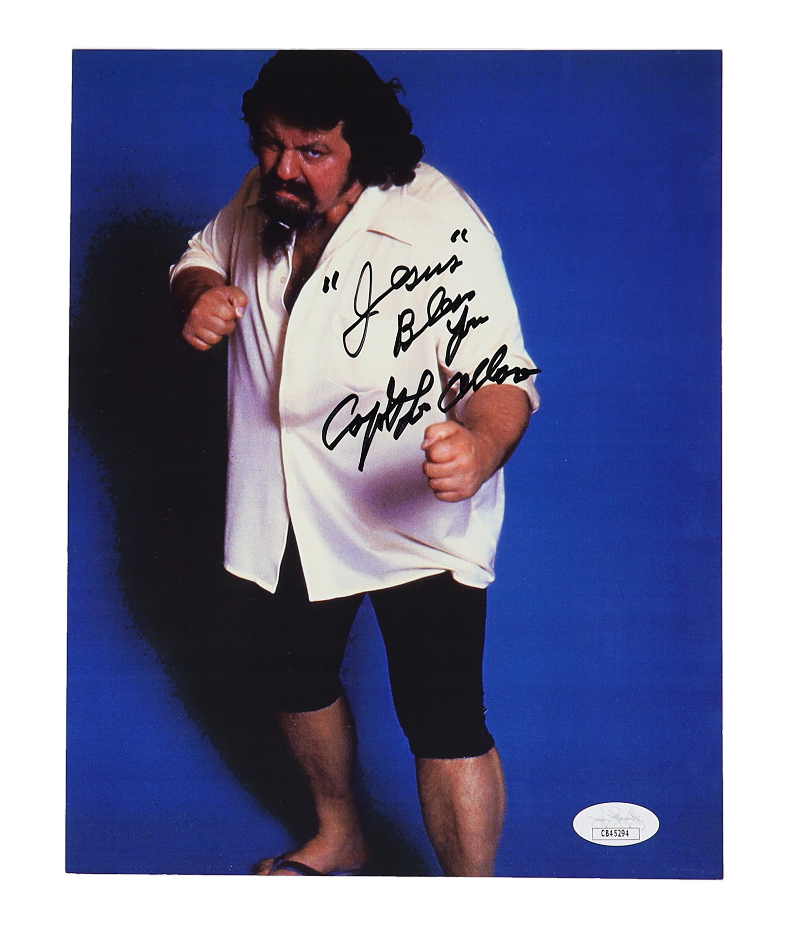 "Captain" Lou Albano Signed WWF 8x10 Photo Inscribed "'Jesus' Bless Ya" (JSA) at PristineAuction.com "Captain" Lou Albano Signed WWF 8x10 Photo Inscribed "'Jesus' Bless Ya" (JSA) at PristineAuction.com