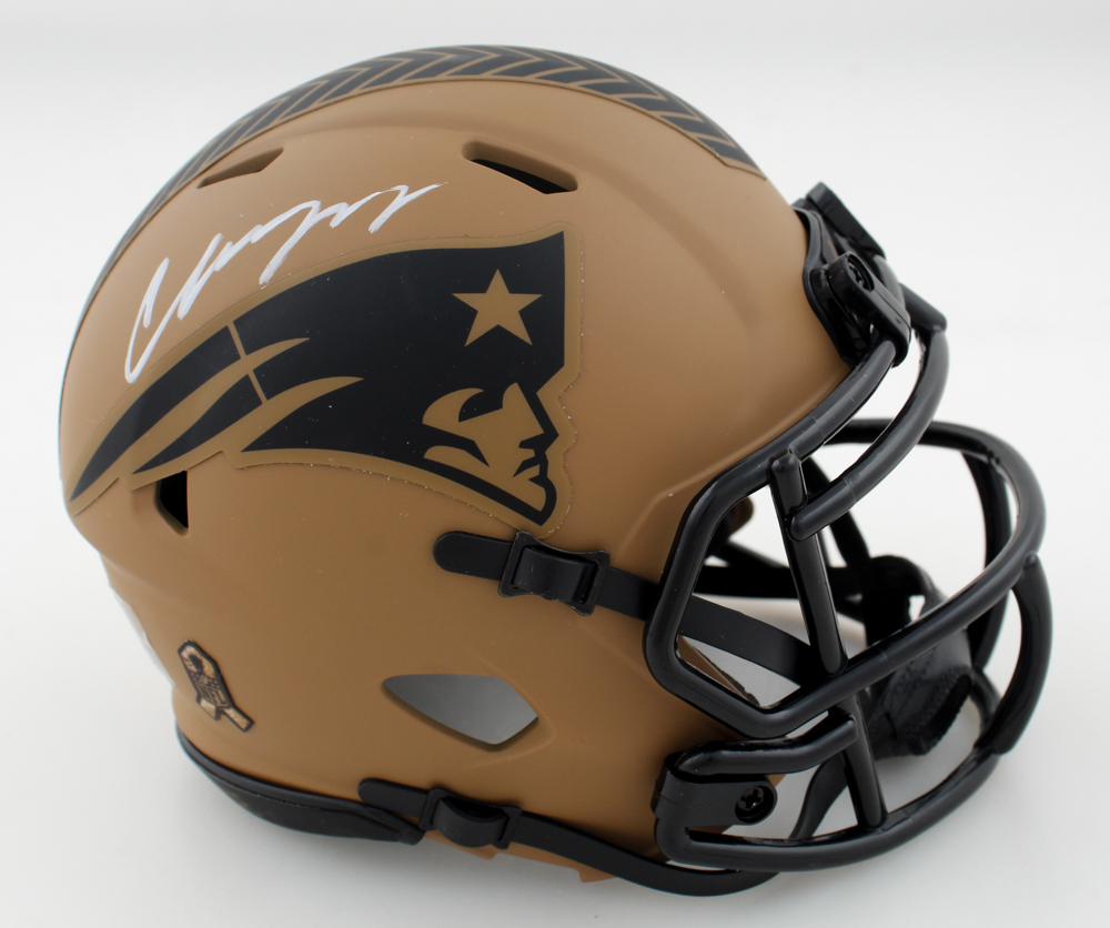 Christian Gonzalez Signed Patriots Salute to Service Alternate Speed Mini Helmet (Beckett) at PristineAuction.com Christian Gonzalez Signed Patriots Salute to Service Alternate Speed Mini Helmet (Beckett) at PristineAuction.com