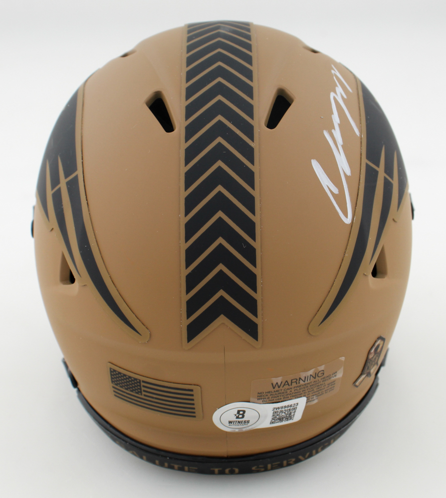 Christian Gonzalez Signed Patriots Salute to Service Alternate Speed Mini Helmet (Beckett) at PristineAuction.com Christian Gonzalez Signed Patriots Salute to Service Alternate Speed Mini Helmet (Beckett) at PristineAuction.com