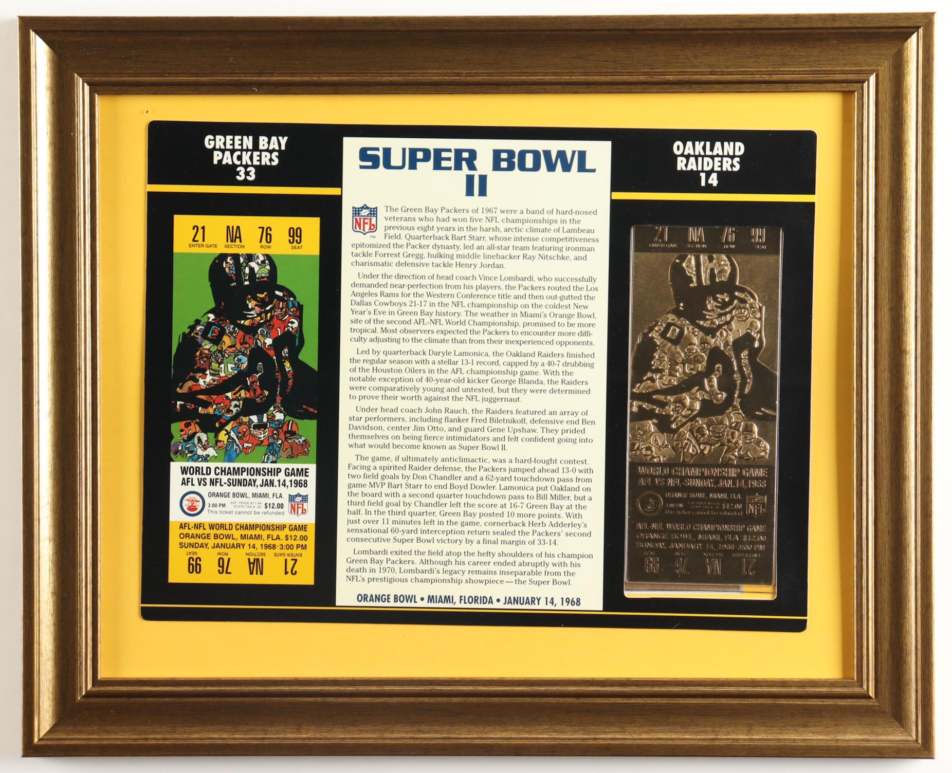 1968 Super Bowl II Commemorative Card with 22KT Gold Ticket Custom Framed Display at PristineAuction.com 1968 Super Bowl II Commemorative Card with 22KT Gold Ticket Custom Framed Display at PristineAuction.com