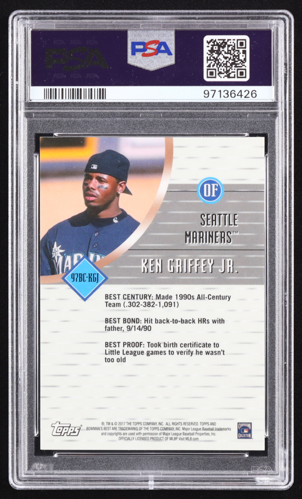 Ken Griffey Jr. 2017 Bowman's Best '97 Best Cuts Atomic Refractors #97BCKGJ (PSA 9) at PristineAuction.com Ken Griffey Jr. 2017 Bowman's Best '97 Best Cuts Atomic Refractors #97BCKGJ (PSA 9) at PristineAuction.com