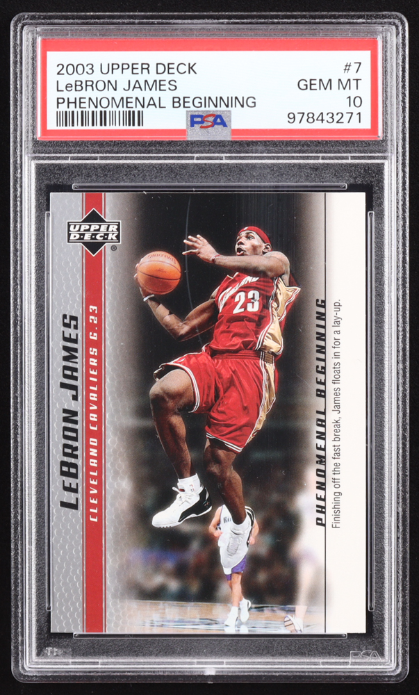LeBron James 2003-04 Upper Deck Phenomenal Beginning LeBron James #7 RC / Finishing Off the Fast Break (PSA 10) at PristineAuction.com LeBron James 2003-04 Upper Deck Phenomenal Beginning LeBron James #7 RC / Finishing Off the Fast Break (PSA 10) at PristineAuction.com