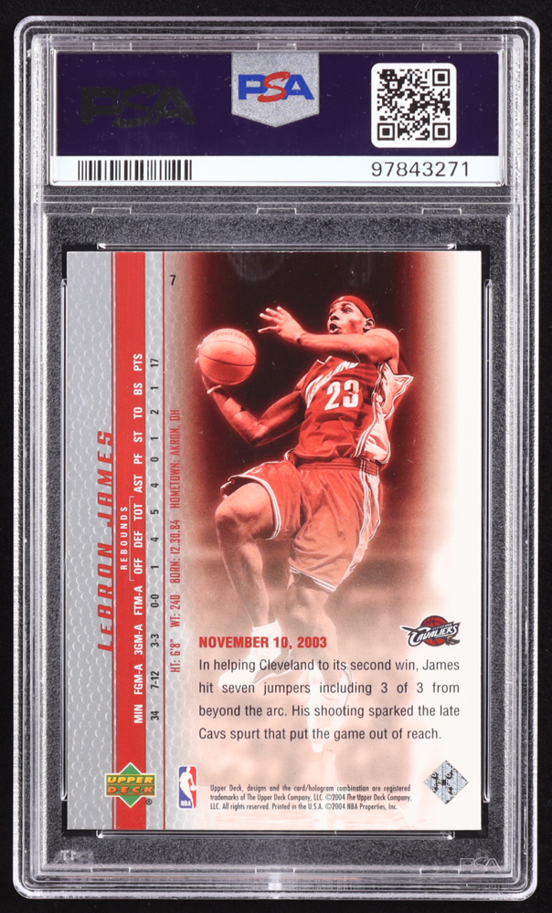 LeBron James 2003-04 Upper Deck Phenomenal Beginning LeBron James #7 RC / Finishing Off the Fast Break (PSA 10) at PristineAuction.com LeBron James 2003-04 Upper Deck Phenomenal Beginning LeBron James #7 RC / Finishing Off the Fast Break (PSA 10) at PristineAuction.com