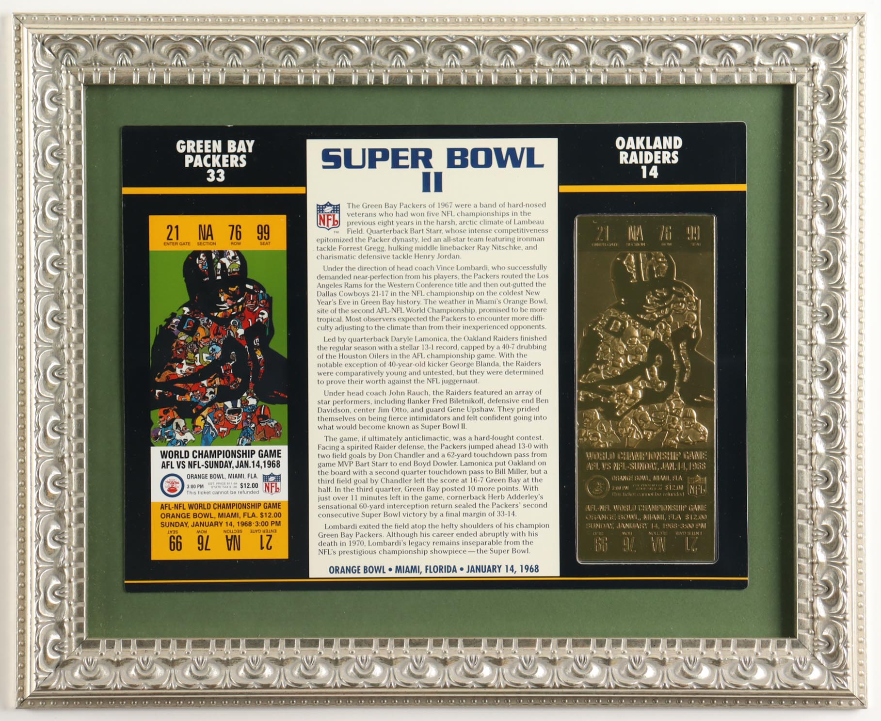 1968 Super Bowl II Commemorative Card with 22KT Gold Ticket Custom Framed Display at PristineAuction.com 1968 Super Bowl II Commemorative Card with 22KT Gold Ticket Custom Framed Display at PristineAuction.com