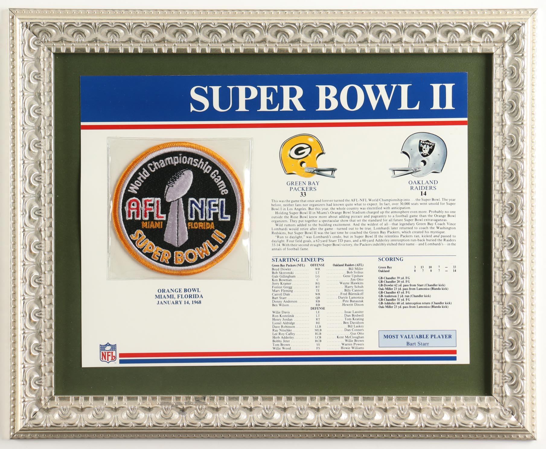 1968 "Packers vs Raiders" Super Bowl II Uniform Patch Custom Framed Display at PristineAuction.com 1968 "Packers vs Raiders" Super Bowl II Uniform Patch Custom Framed Display at PristineAuction.com