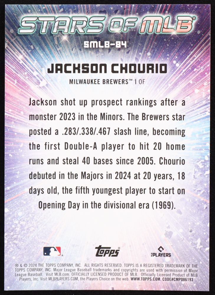 Jackson Chourio 2024 Topps Stars of MLB #SMLB84 RC at PristineAuction.com Jackson Chourio 2024 Topps Stars of MLB #SMLB84 RC at PristineAuction.com