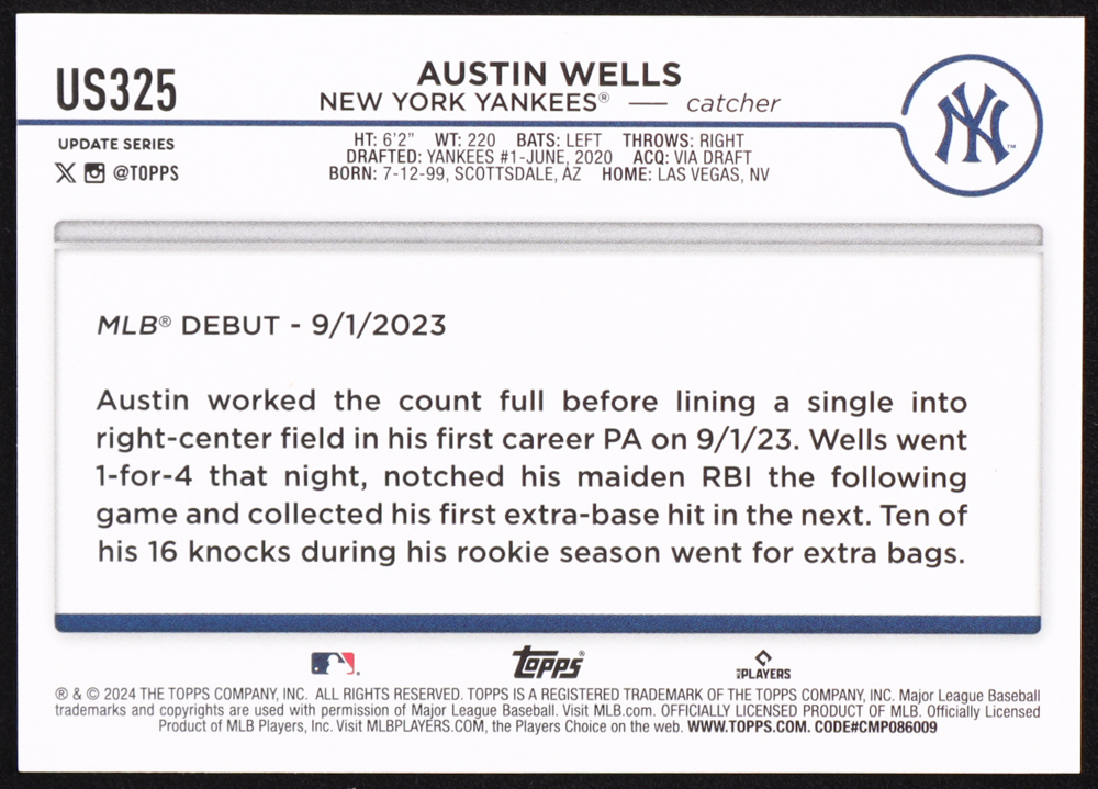 Austin Wells 2024 Topps Update Royal Blue #US325 RC at PristineAuction.com Austin Wells 2024 Topps Update Royal Blue #US325 RC at PristineAuction.com