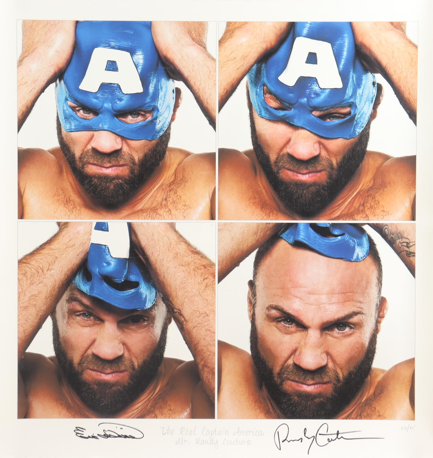 Randy Couture Signed 22.25x23.25 "The Real Captain America" Giclee by Eric Williams #63/65 (Beyond the Cage & PA) at PristineAuction.com Randy Couture Signed 22.25x23.25 "The Real Captain America" Giclee by Eric Williams #63/65 (Beyond the Cage & PA) at PristineAuction.com