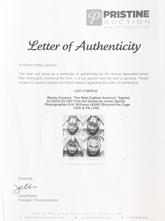 Randy Couture Signed 22.25x23.25 "The Real Captain America" Giclee by Eric Williams #63/65 (Beyond the Cage & PA) at PristineAuction.com Randy Couture Signed 22.25x23.25 "The Real Captain America" Giclee by Eric Williams #63/65 (Beyond the Cage & PA) at PristineAuction.com