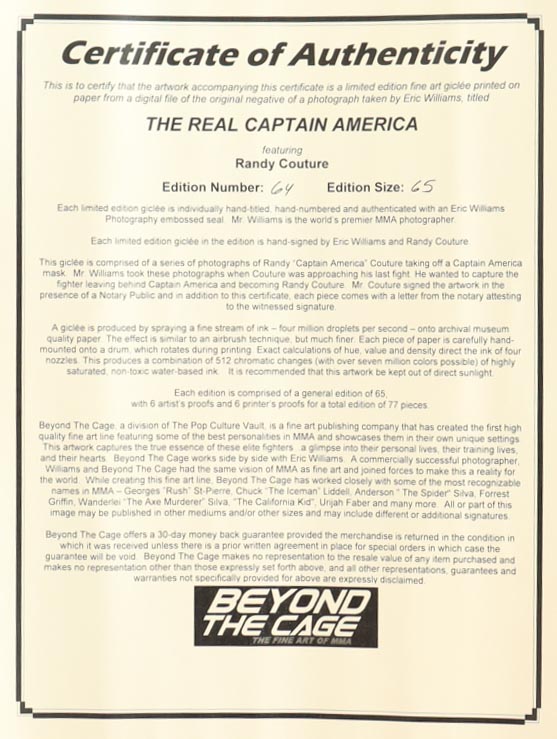 Randy Couture Signed 22.25x23.25 "The Real Captain America" Giclee by Eric Williams #63/65 (Beyond the Cage & PA) at PristineAuction.com Randy Couture Signed 22.25x23.25 "The Real Captain America" Giclee by Eric Williams #63/65 (Beyond the Cage & PA) at PristineAuction.com