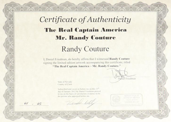 Randy Couture Signed 22.25x23.25 "The Real Captain America" Giclee by Eric Williams #63/65 (Beyond the Cage & PA) at PristineAuction.com Randy Couture Signed 22.25x23.25 "The Real Captain America" Giclee by Eric Williams #63/65 (Beyond the Cage & PA) at PristineAuction.com