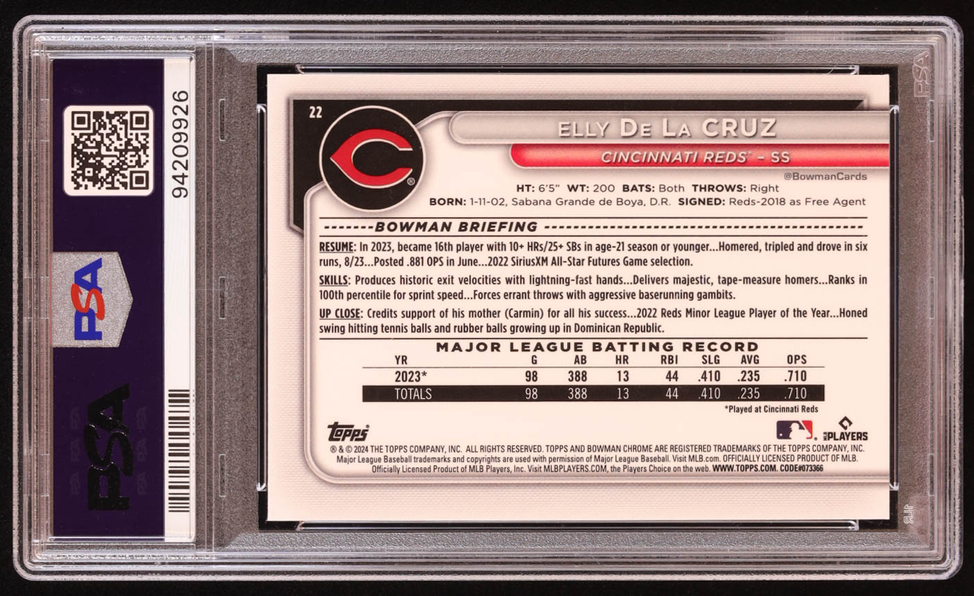 Elly De La Cruz 2024 Bowman Chrome Bowman Mega Box #22 RC (PSA 10) at PristineAuction.com Elly De La Cruz 2024 Bowman Chrome Bowman Mega Box #22 RC (PSA 10) at PristineAuction.com
