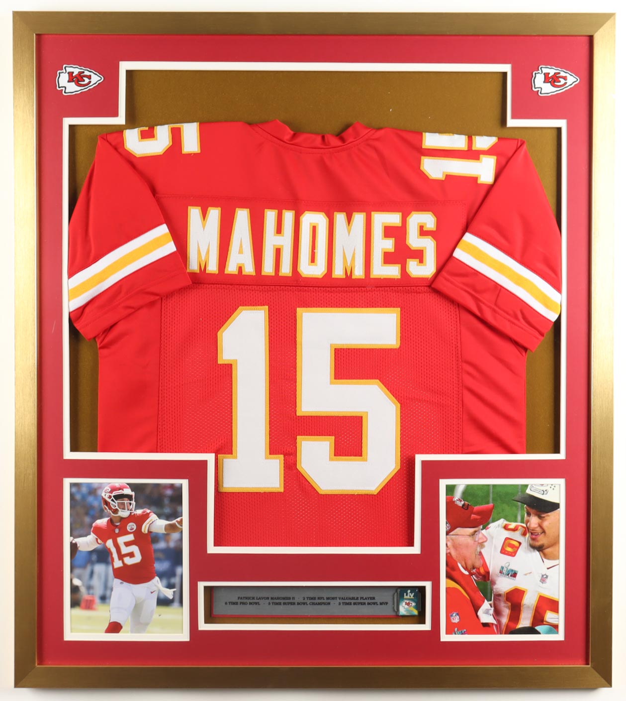 Patrick Mahomes Custom Framed Jersey Display With Super Bowl LV Pin & (2) Cloth Team Logo Patches (JSA) at PristineAuction.com Patrick Mahomes Custom Framed Jersey Display With Super Bowl LV Pin & (2) Cloth Team Logo Patches (JSA) at PristineAuction.com