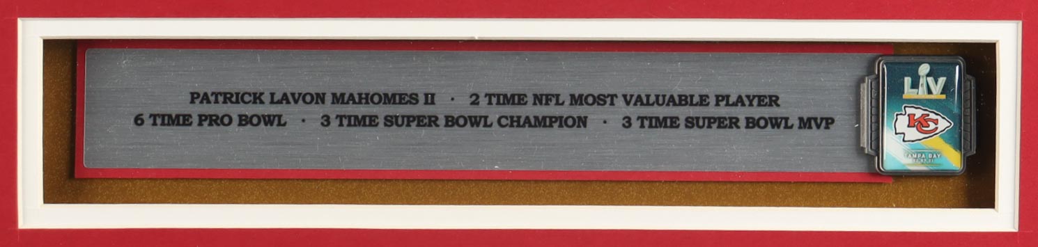 Patrick Mahomes Custom Framed Jersey Display With Super Bowl LV Pin & (2) Cloth Team Logo Patches (JSA) at PristineAuction.com Patrick Mahomes Custom Framed Jersey Display With Super Bowl LV Pin & (2) Cloth Team Logo Patches (JSA) at PristineAuction.com
