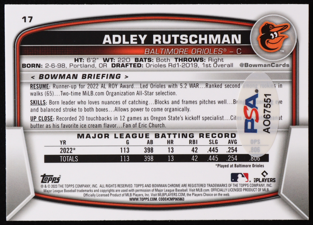 Adley Rutschman Signed 2023 Bowman Chrome #17 RC (PSA) at PristineAuction.com Adley Rutschman Signed 2023 Bowman Chrome #17 RC (PSA) at PristineAuction.com
