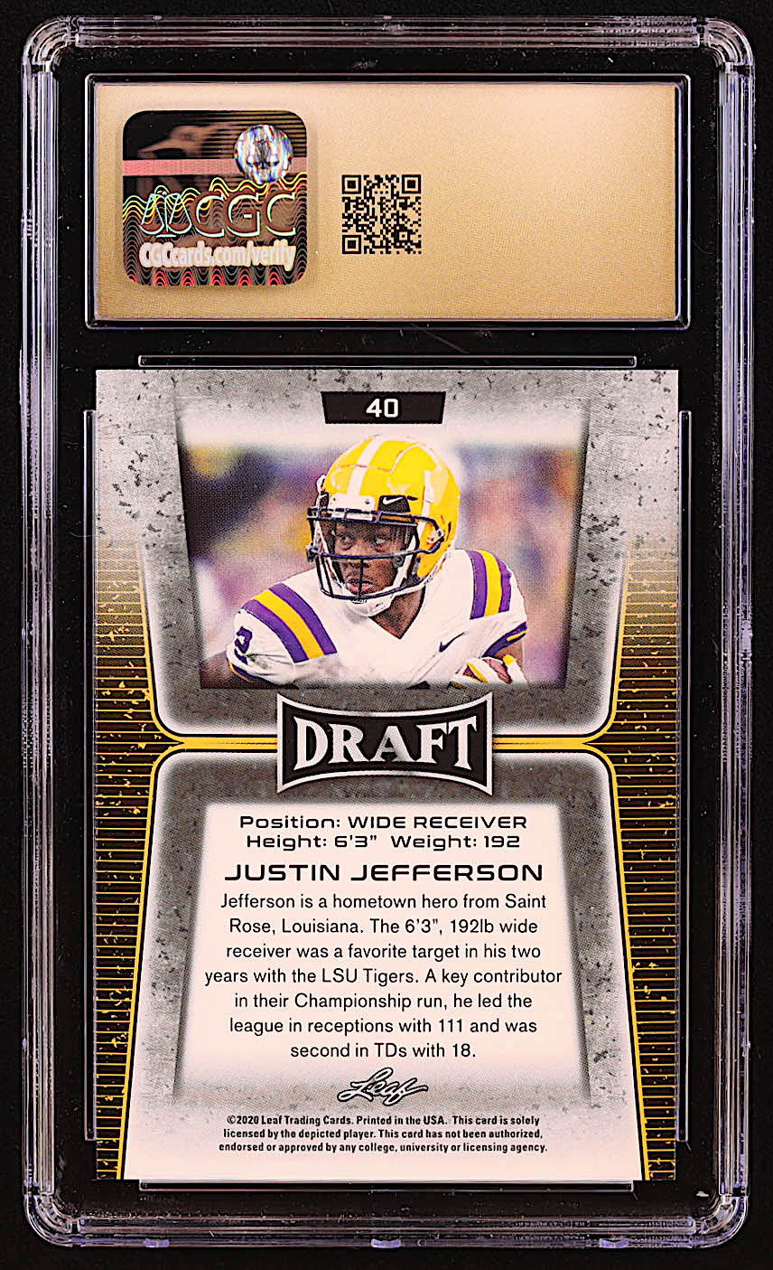 Justin Jefferson 2020 Leaf Draft Gold #40 RC (CGC 10 | Pristine Black Label) at PristineAuction.com Justin Jefferson 2020 Leaf Draft Gold #40 RC (CGC 10 | Pristine Black Label) at PristineAuction.com