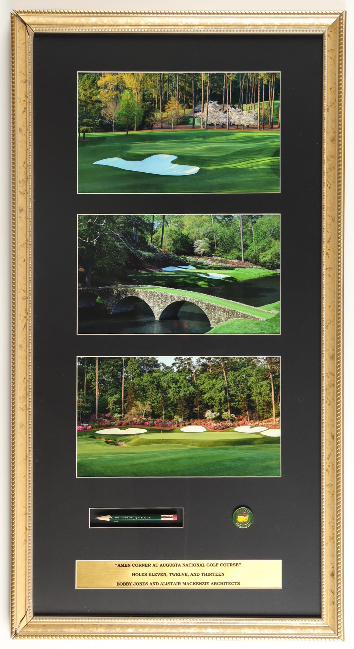 "Amen Corner" Augusta National Custom Framed Photo Display with Course Pencil & Masters Tournament Pin at PristineAuction.com "Amen Corner" Augusta National Custom Framed Photo Display with Course Pencil & Masters Tournament Pin at PristineAuction.com